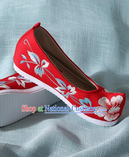 Chinese Handmade Embroidered Peony Red Bow Shoes Traditional Ming Dynasty Hanfu Shoes Princess Shoes for Women