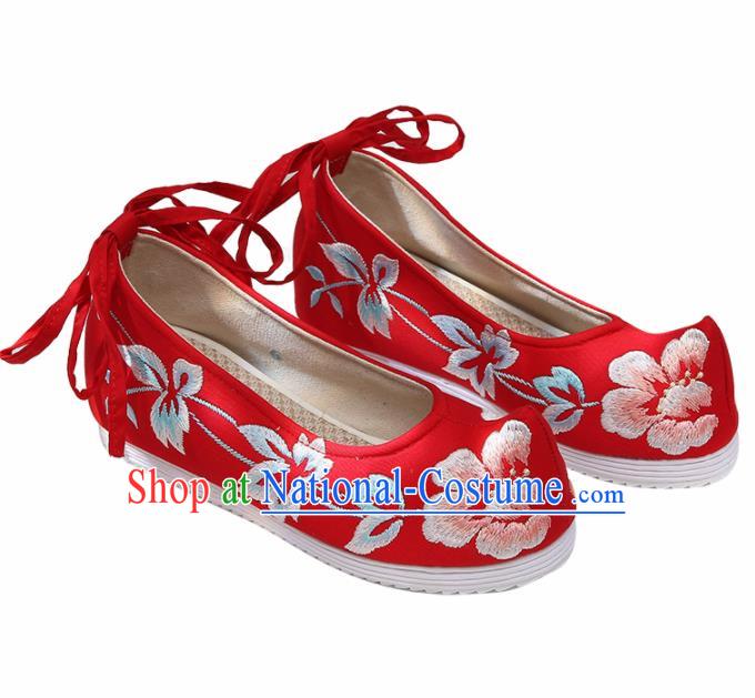 Chinese Handmade Embroidered Peony Red Bow Shoes Traditional Ming Dynasty Hanfu Shoes Princess Shoes for Women