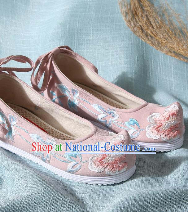 Chinese Handmade Embroidered Peony Pink Bow Shoes Traditional Ming Dynasty Hanfu Shoes Princess Shoes for Women