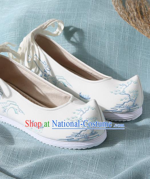 Chinese Handmade Embroidered Pine White Bow Shoes Traditional Ming Dynasty Hanfu Shoes Princess Shoes for Women