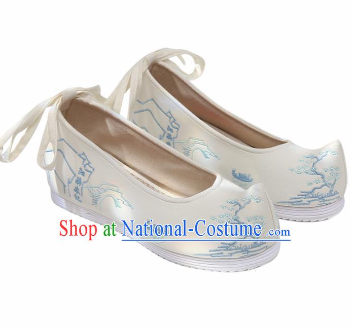 Chinese Handmade Embroidered Pine White Bow Shoes Traditional Ming Dynasty Hanfu Shoes Princess Shoes for Women