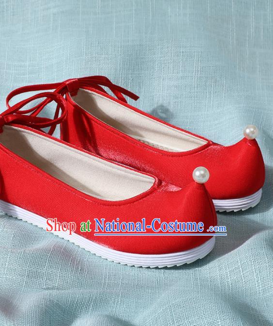 Chinese Handmade Pearl Red Shoes Traditional Ming Dynasty Hanfu Shoes Princess Shoes for Women