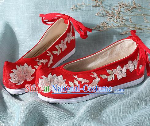 Chinese Handmade Embroidered Lotus Red Bow Shoes Traditional Ming Dynasty Hanfu Shoes Princess Shoes for Women