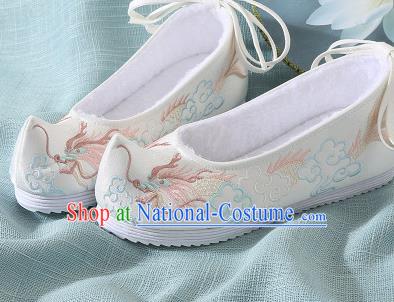 Chinese Handmade Embroidered Dragon Beige Bow Shoes Traditional Ming Dynasty Hanfu Shoes Princess Shoes for Women