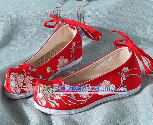 Chinese Handmade Embroidered Peony Butterfly Red Bow Shoes Traditional Ming Dynasty Hanfu Shoes Princess Shoes for Women