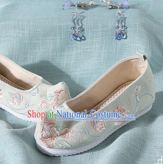 Chinese Handmade Embroidered Peony Butterfly Light Green Bow Shoes Traditional Ming Dynasty Hanfu Shoes Princess Shoes for Women