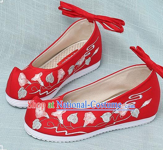 Chinese Handmade Embroidered Petunia Red Bow Shoes Traditional Ming Dynasty Hanfu Shoes Princess Shoes for Women