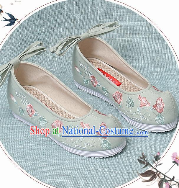 Chinese Handmade Embroidered Petunia Green Bow Shoes Traditional Ming Dynasty Hanfu Shoes Princess Shoes for Women