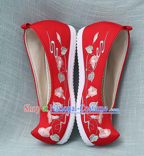 Chinese Handmade Embroidered Petunia Red Bow Shoes Traditional Ming Dynasty Hanfu Shoes Princess Shoes for Women