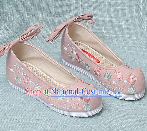 Chinese Handmade Embroidered Petunia Pink Bow Shoes Traditional Ming Dynasty Hanfu Shoes Princess Shoes for Women