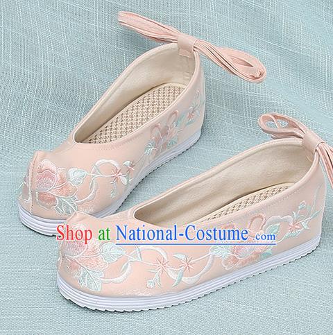 Chinese Handmade Embroidered Peony Pink Bow Shoes Traditional Ming Dynasty Hanfu Shoes Princess Shoes for Women