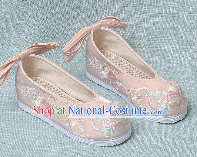 Chinese Handmade Embroidered Peony Pink Bow Shoes Traditional Ming Dynasty Hanfu Shoes Princess Shoes for Women