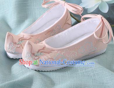 Chinese Handmade Embroidered Dragon Pink Bow Shoes Traditional Ming Dynasty Hanfu Shoes Princess Shoes for Women