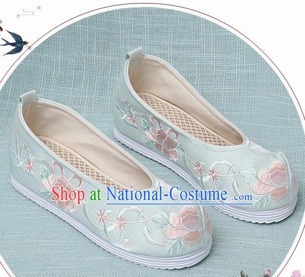 Chinese Handmade Embroidered Peony Light Green Bow Shoes Traditional Ming Dynasty Hanfu Shoes Princess Shoes for Women