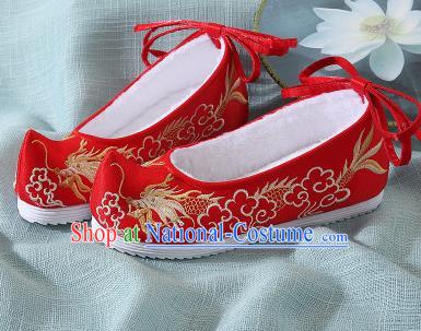 Chinese Handmade Embroidered Dragon Red Bow Shoes Traditional Ming Dynasty Hanfu Shoes Princess Shoes for Women