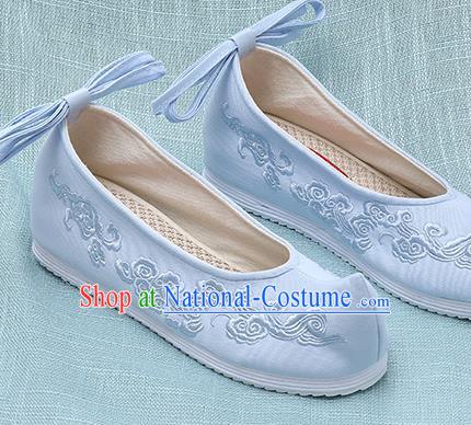 Chinese Handmade Embroidered Cloud Blue Bow Shoes Traditional Ming Dynasty Hanfu Shoes Princess Shoes for Women