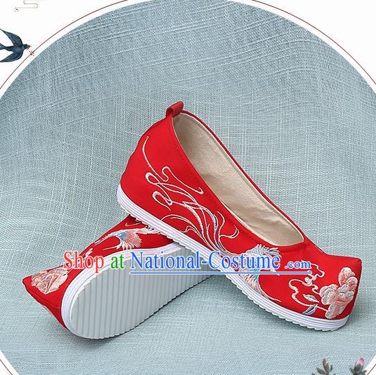 Chinese Handmade Embroidered Bird Peony Red Bow Shoes Traditional Ming Dynasty Hanfu Shoes Princess Shoes for Women