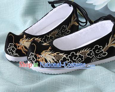 Chinese Handmade Embroidered Dragon Black Bow Shoes Traditional Ming Dynasty Hanfu Shoes Princess Shoes for Women