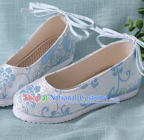 Chinese Handmade Blue Brocade Shoes Traditional Ming Dynasty Hanfu Shoes Princess Shoes for Women