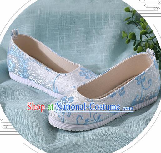 Chinese Handmade Blue Brocade Shoes Traditional Ming Dynasty Hanfu Shoes Princess Shoes for Women