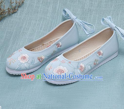 Chinese Handmade Embroidered Blue Shoes Traditional Ming Dynasty Hanfu Shoes Princess Shoes for Women