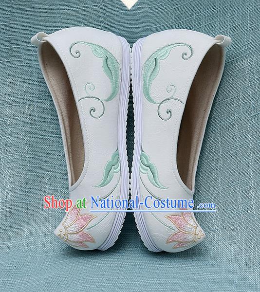 Chinese Handmade Embroidered Lotus White Bow Shoes Traditional Ming Dynasty Hanfu Shoes Princess Shoes for Women