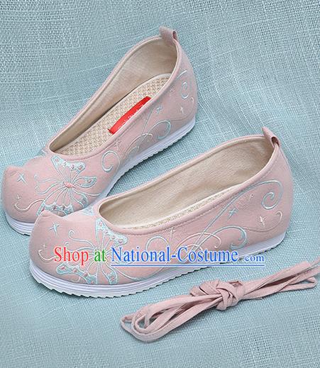 Chinese Handmade Embroidered Butterfly Pink Bow Shoes Traditional Ming Dynasty Hanfu Shoes Princess Shoes for Women