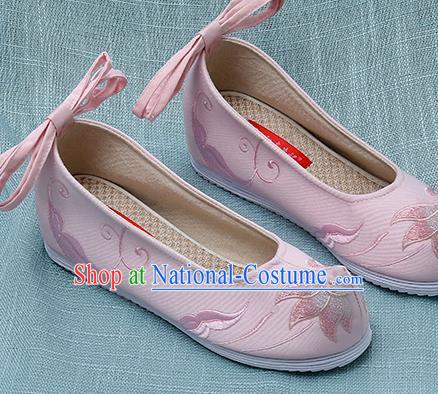 Chinese Handmade Embroidered Lotus Pink Bow Shoes Traditional Ming Dynasty Hanfu Shoes Princess Shoes for Women