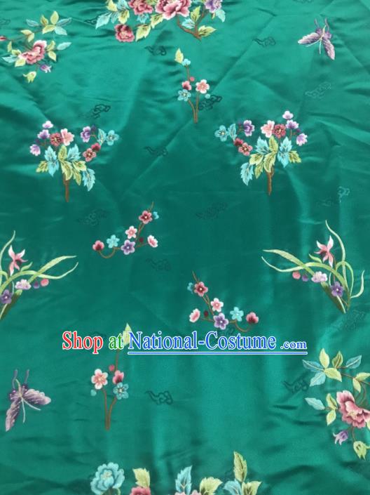 Chinese Traditional Embroidered Orchid Peony Pattern Design Green Silk Fabric Asian China Hanfu Silk Material