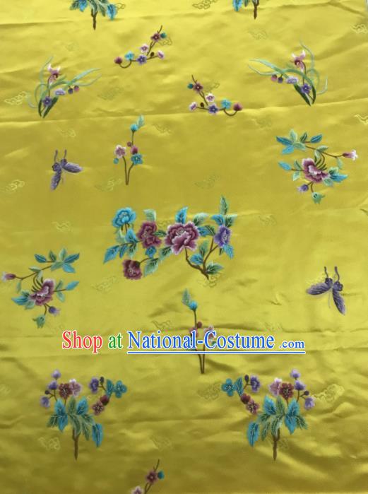 Chinese Traditional Embroidered Orchid Peony Pattern Design Yellow Silk Fabric Asian China Hanfu Silk Material