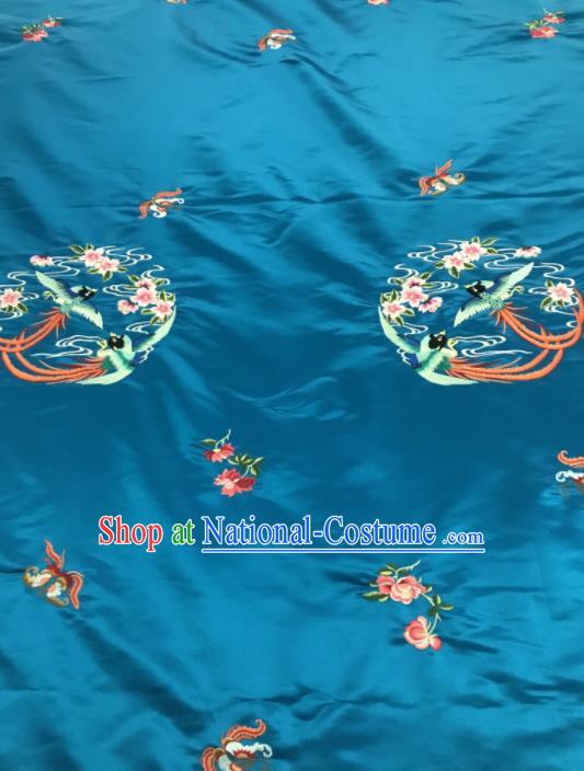 Chinese Traditional Embroidered Peach Flowers Birds Pattern Design Blue Silk Fabric Asian China Hanfu Silk Material