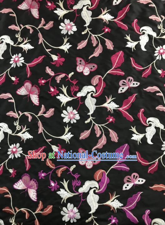 Chinese Traditional Embroidered Grass Butterfly Pattern Design Black Silk Fabric Asian China Hanfu Silk Material