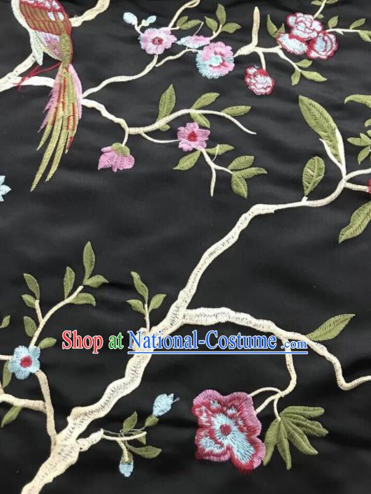 Chinese Traditional Embroidered Begonia Birds Pattern Design Black Silk Fabric Asian China Hanfu Silk Material