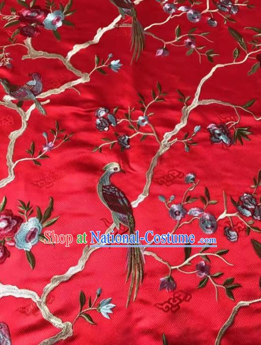 Chinese Traditional Embroidered Flowers Birds Pattern Design Red Silk Fabric Asian China Hanfu Silk Material