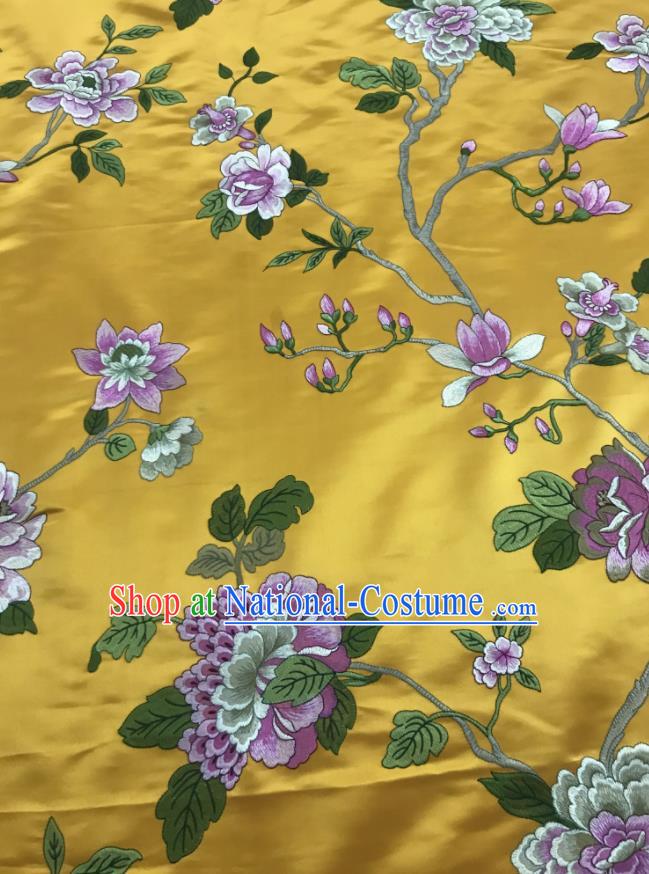 Chinese Traditional Embroidered Peony Pattern Design Yellow Silk Fabric Asian China Hanfu Silk Material