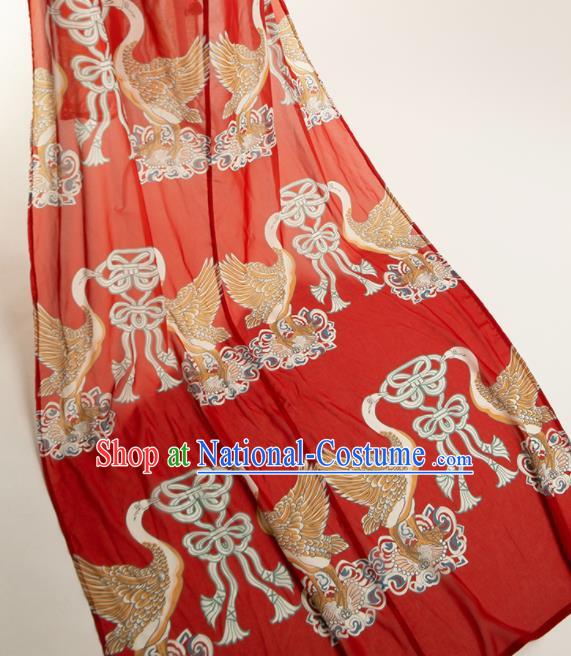 Chinese Traditional Printing Swan Pattern Design Red Chiffon Fabric Asian Satin China Hanfu Material