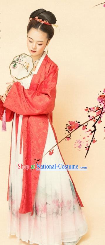 Chinese Ancient Song Dynasty Women Red Beizi Replica Costumes Complete Set