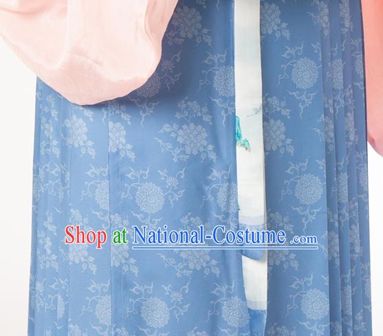 Chinese Traditional Lotus Pattern Design Blue Brocade Fabric Asian Satin China Hanfu Satin Material