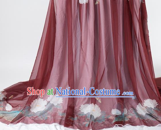 Chinese Traditional Printing Peony Pattern Design Red Chiffon Fabric Asian China Hanfu Material