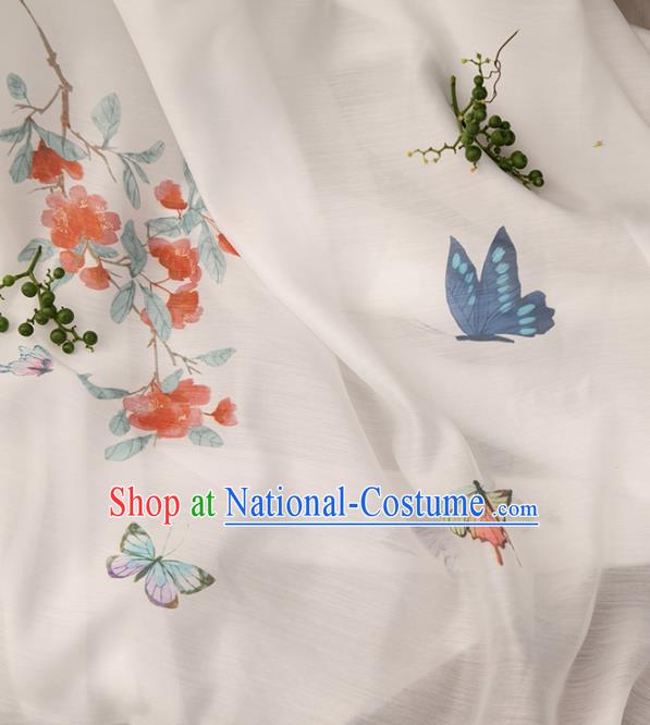 Chinese Traditional Printing Butterfly Flowers Pattern Design White Chiffon Fabric Asian China Hanfu Material