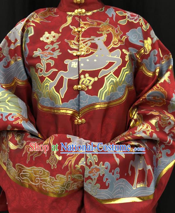 Chinese Traditional Deers Pattern Design Red Brocade Fabric Asian China Hanfu Satin Material