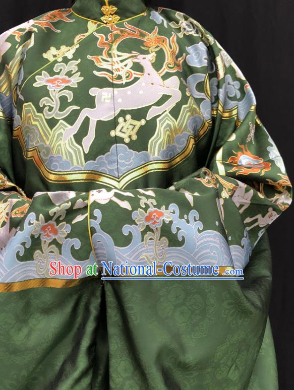 Chinese Traditional Deers Pattern Design Green Brocade Fabric Asian China Hanfu Satin Material