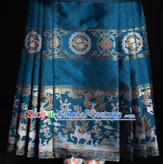 Chinese Traditional Colorful Deer Pattern Design Blue Brocade Fabric Asian China Satin Hanfu Material