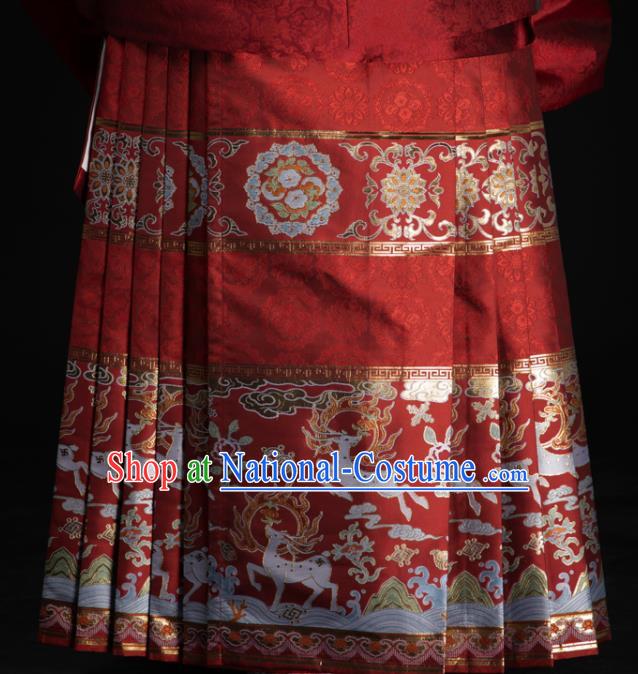 Chinese Traditional Colorful Deer Pattern Design Red Brocade Fabric Asian China Satin Hanfu Material