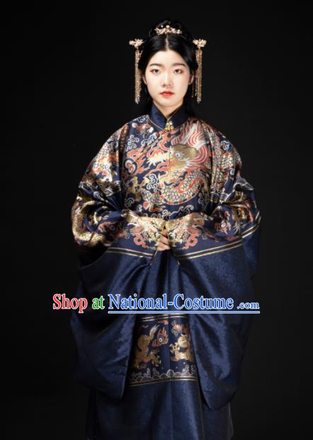 Chinese Traditional Dragon Pattern Design Navy Brocade Fabric Asian China Hanfu Satin Material