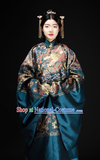 Chinese Traditional Dragon Pattern Design Blue Brocade Fabric Asian China Hanfu Satin Material