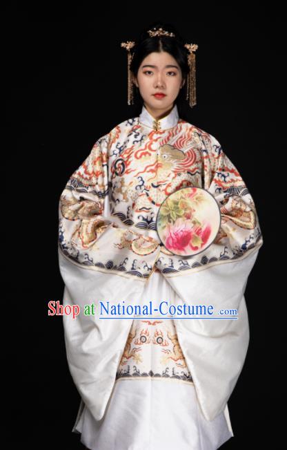 Chinese Traditional Dragon Pattern Design White Brocade Fabric Asian China Hanfu Satin Material