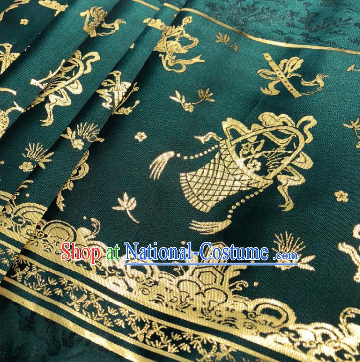 Chinese Traditional Eight Immortals Pattern Design Deep Green Brocade Fabric Asian China Satin Hanfu Material