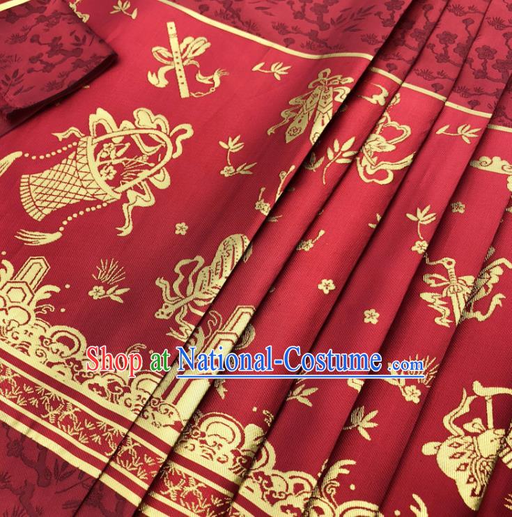 Chinese Traditional Eight Immortals Pattern Design Red Brocade Fabric Asian China Satin Hanfu Material