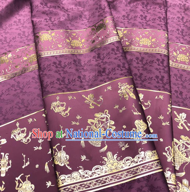 Chinese Traditional Eight Immortals Pattern Design Purple Brocade Fabric Asian China Satin Hanfu Material